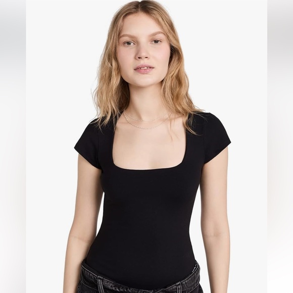 Free People Black Square Eyes Short Sleeve Thong Bodysuit Size Small - Picture 5 of 11